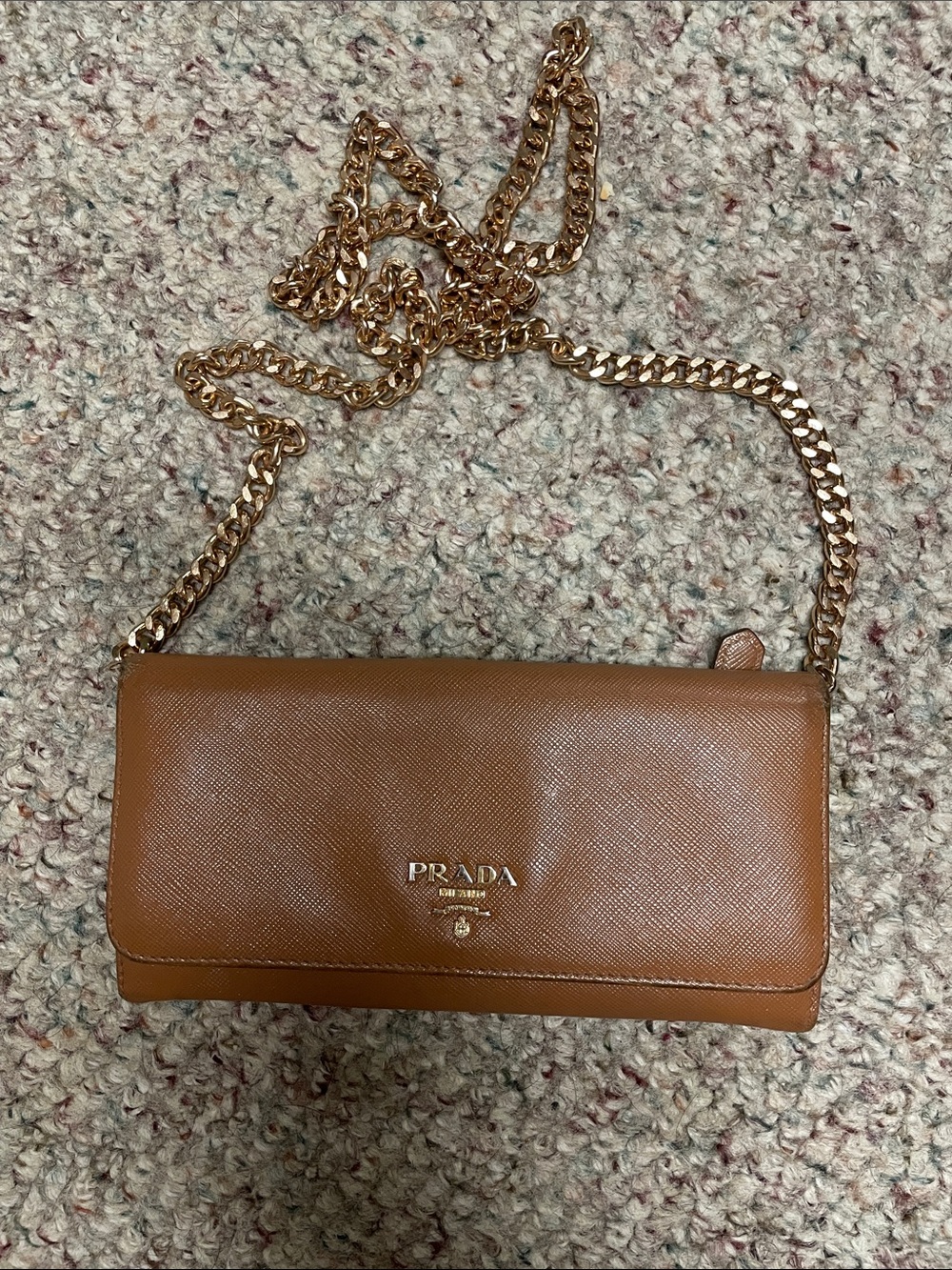 Prada Brown Saffiano Crossbody purse/Wallet with detachable Gold Chain